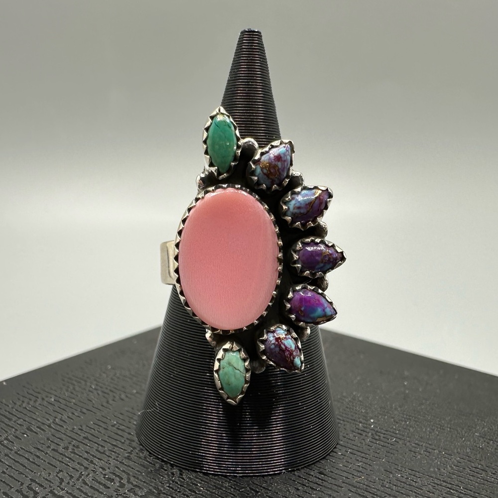 Pink Conch Purple Mojave Turquoise Sterling Silver 925 Ring Half Cluster